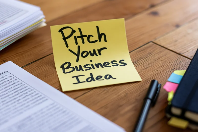 Yellow sticky note with handwritten text reading pitch your business idea on wooden desk surrounded by documents and office supplies
