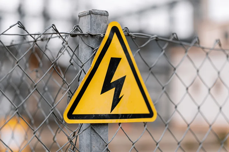 Yellow triangular high-voltage warning sign attached to a chainlink fence post outdoors