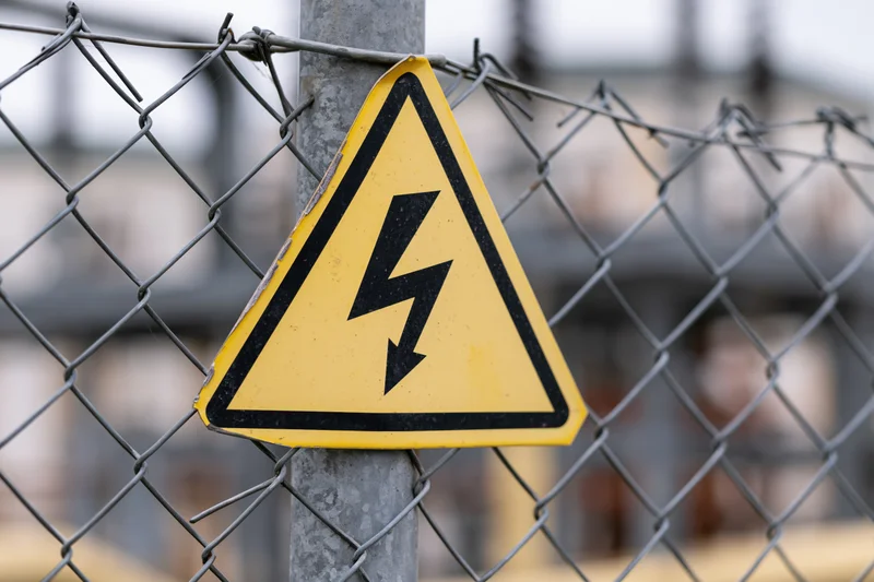 Yellow triangular high-voltage warning sign attached to a chainlink fence post