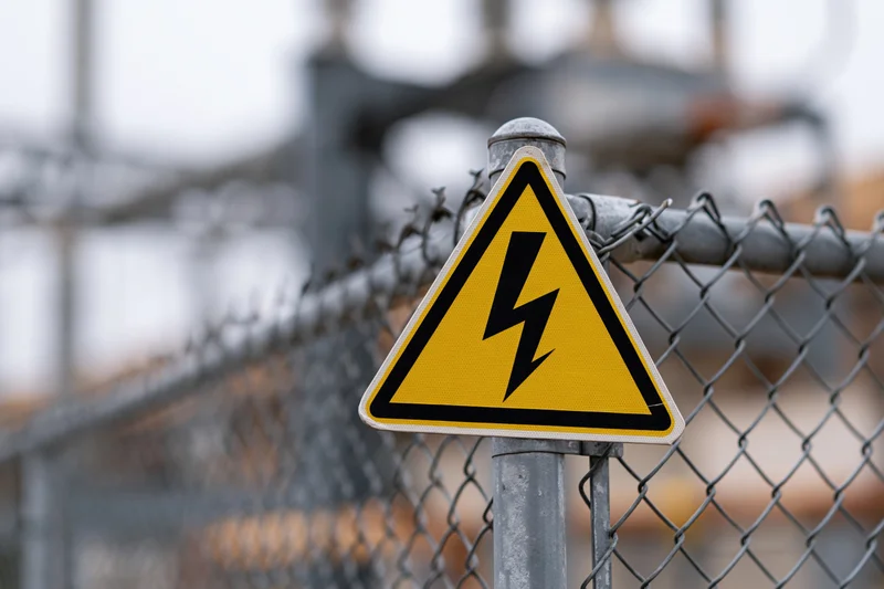 Yellow triangular high-voltage warning sign mounted on a metal post beside a chainlink fence at an electrical facility