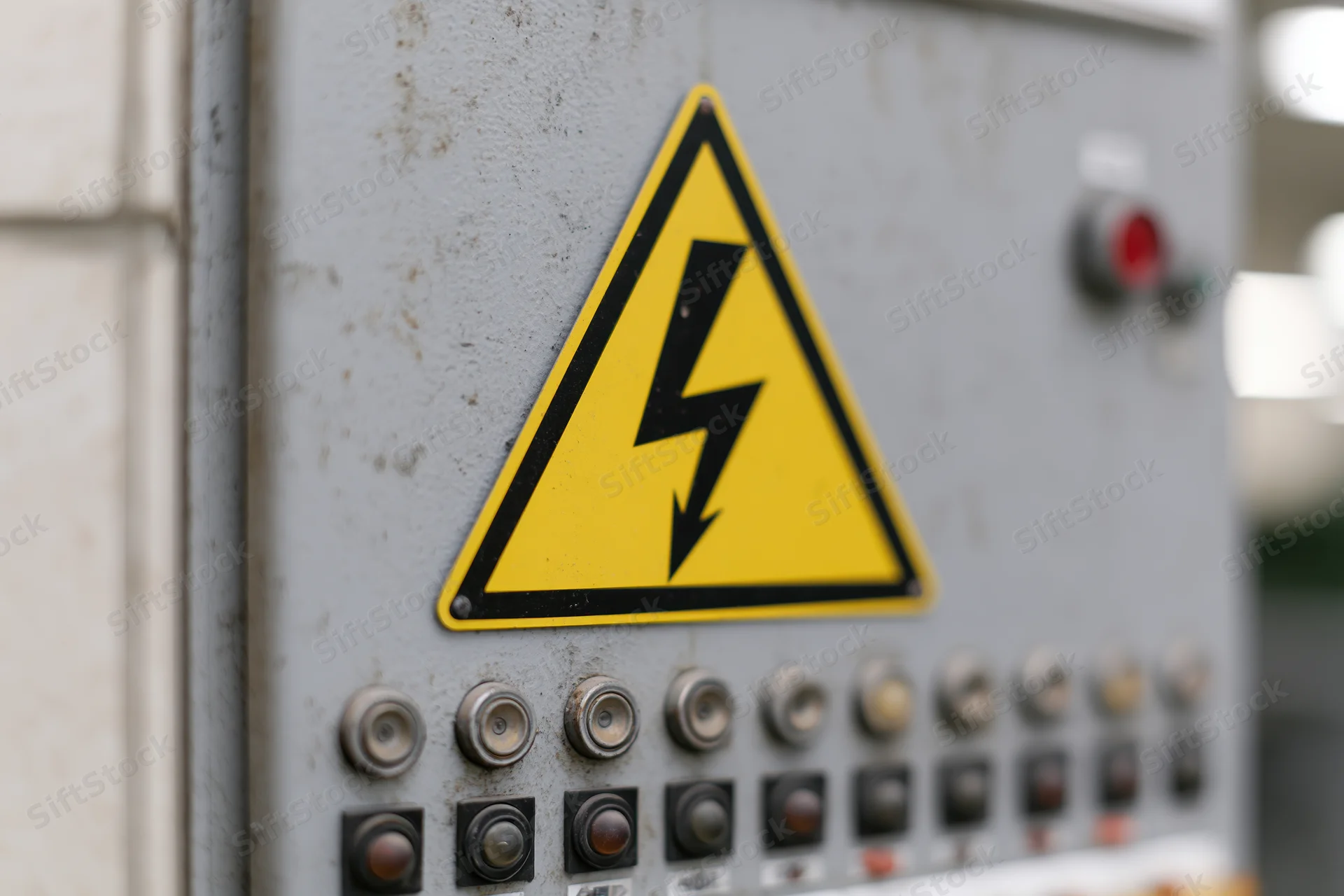 Yellow triangular high voltage warning sign on industrial control panel with switches and buttons