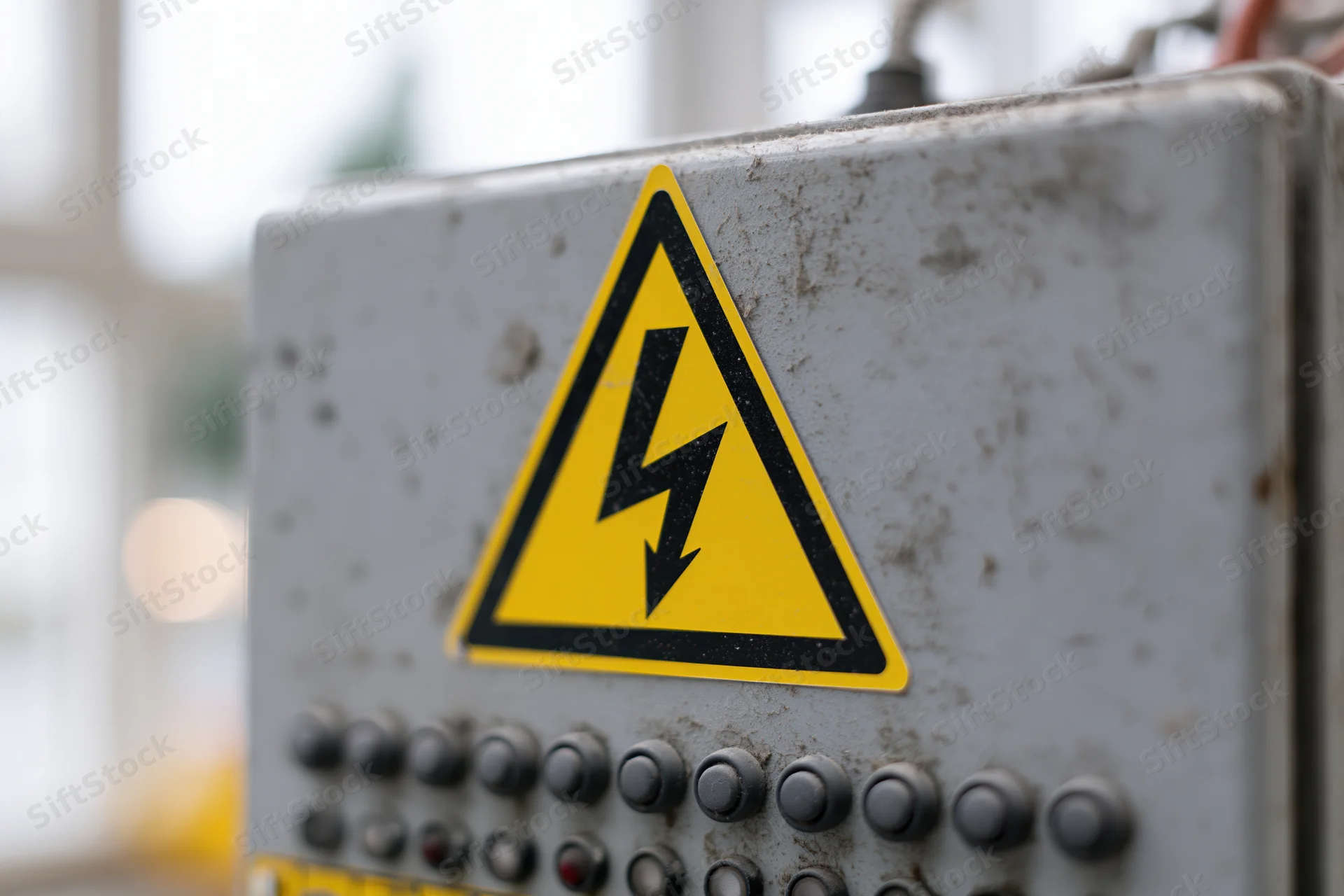 Yellow triangular high-voltage warning sign on a metal control panel with buttons