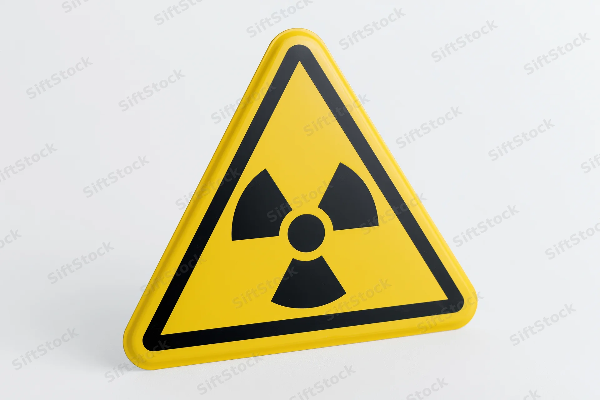 Yellow triangular radiation warning sign with black trefoil symbol on white background