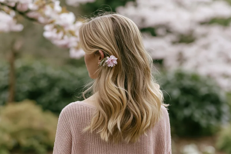 Woman with wavy blonde hair adorned with a pink flower, seen from behind in a cherry blossom garden