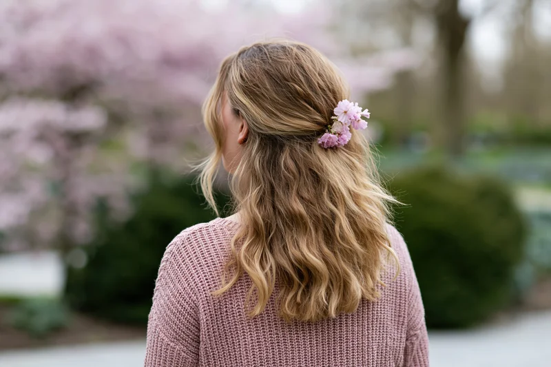 Woman with wavy blonde hair adorned with pink flowers seen from behind in a spring garden
