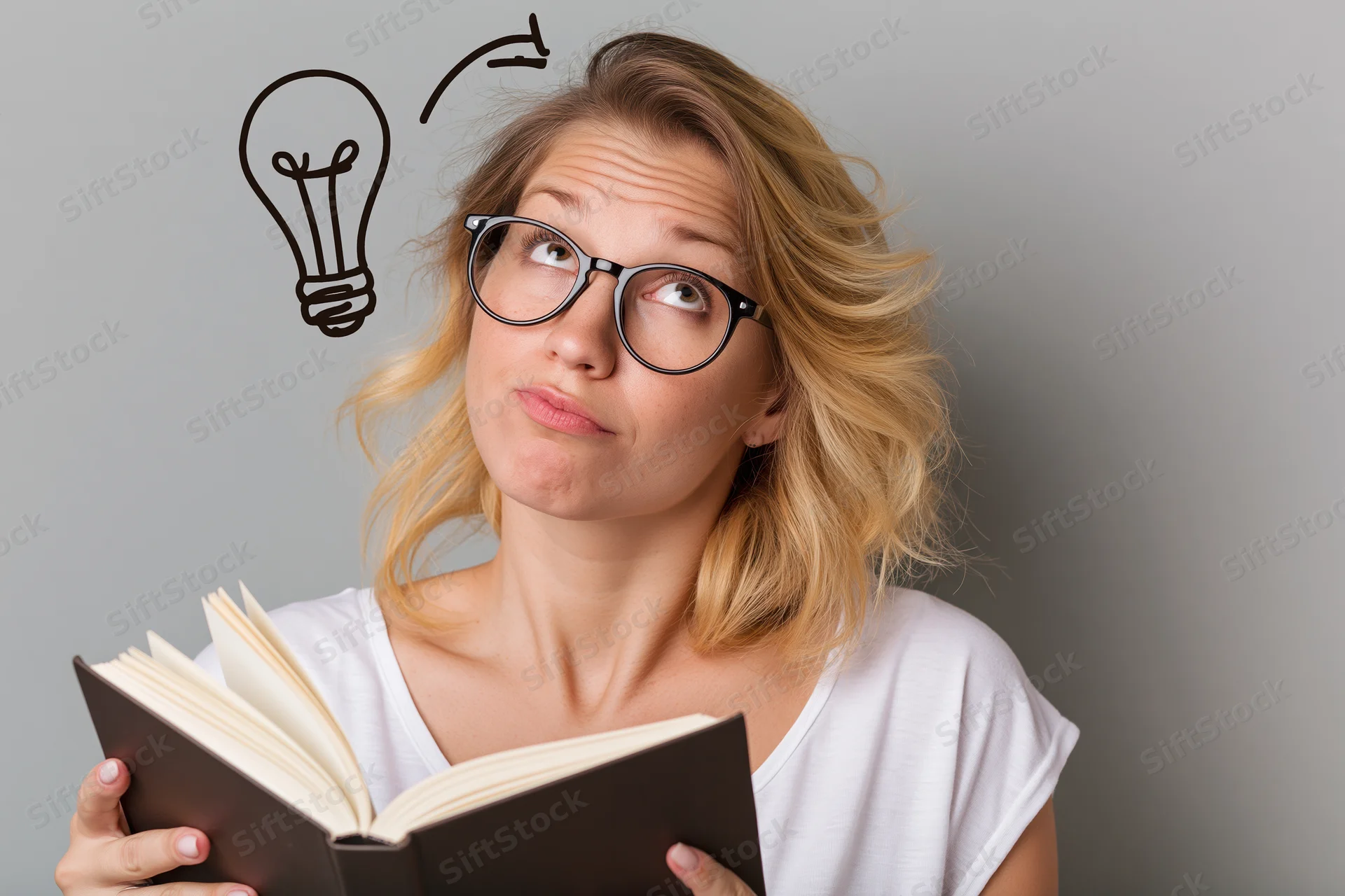 Young woman with black-rimmed glasses holding an open book and looking up thoughtfully with a sketched lightbulb above her head