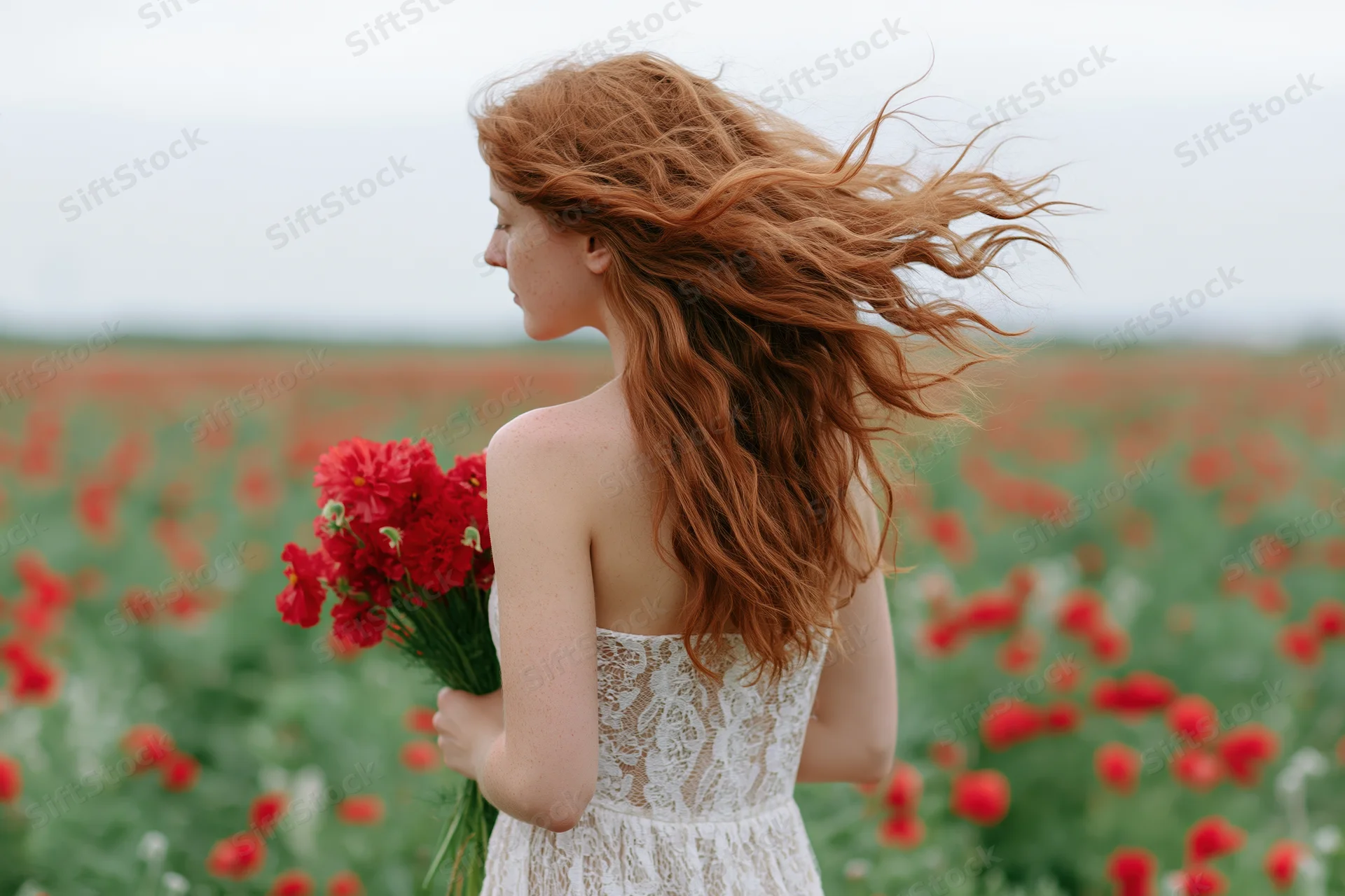 Woman with long auburn hair blowing in the wind holding a bouquet of red flowers in a field of wildflowers