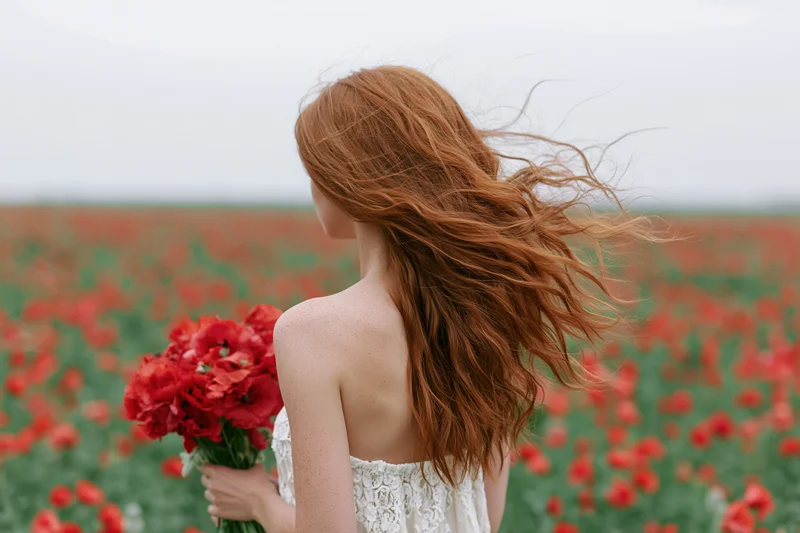 Woman with long auburn hair blowing in wind holding bouquet of red poppies in field