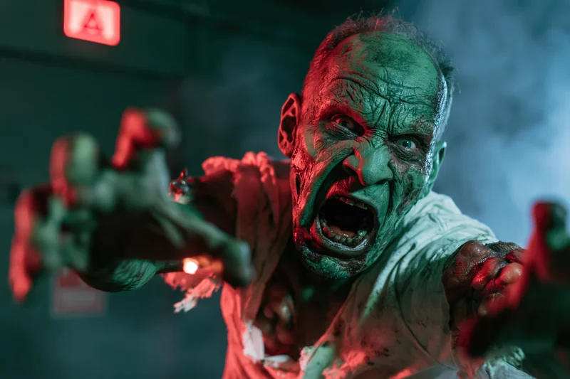Zombie with decayed green skin screaming and reaching forward in a dark smoky room with red emergency light