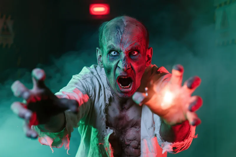 Zombie with decayed green skin screaming and clawing forward in smoky dark setting