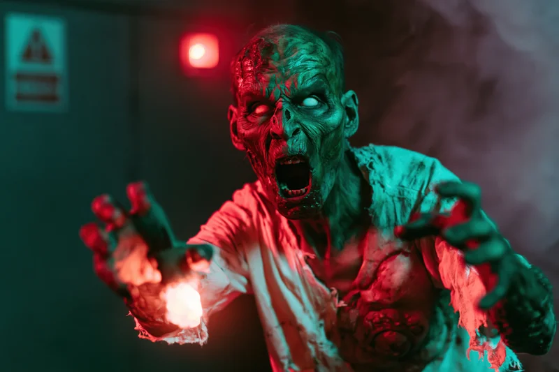 Zombie with decayed green skin and open mouth reaching forward in a smoky industrial space under red and green lighting