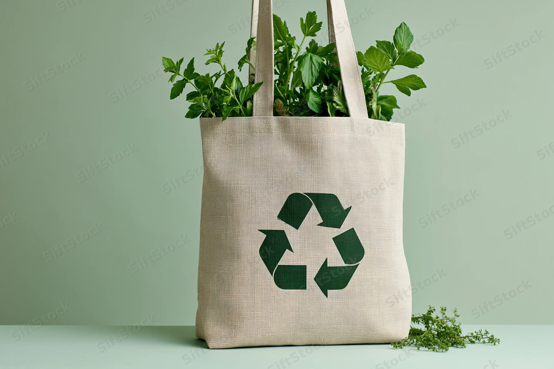 Beige canvas tote bag with green recycle symbol holding fresh herbs on light green surface