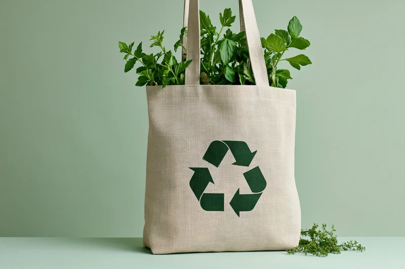 Beige canvas tote bag with green recycle symbol holding fresh herbs on light green surface