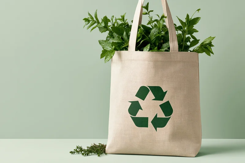 Beige canvas tote bag with green recycle symbol holding fresh mint sprigs on light green surface