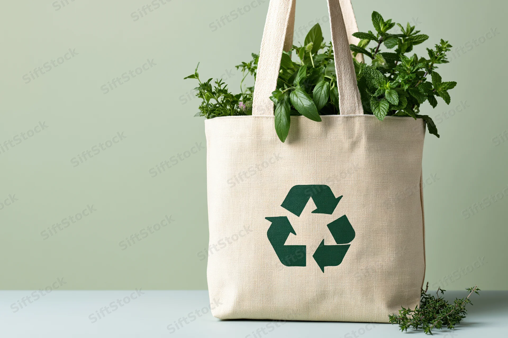 Beige canvas tote bag with green recycle symbol holding fresh herbs on light surface