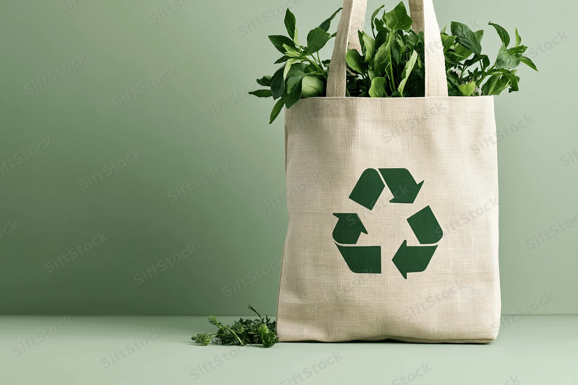 Beige canvas tote bag with green recycle symbol filled with fresh herbs on green background