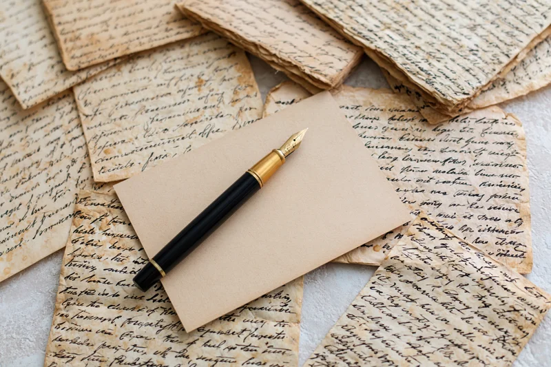 Black and gold fountain pen resting diagonally on blank paper atop scattered handwritten letters