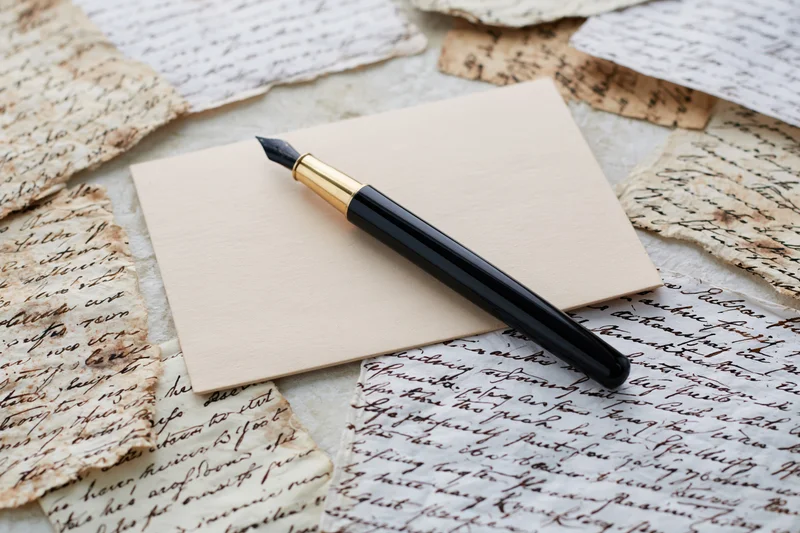 Black and gold fountain pen resting diagonally on a blank envelope surrounded by aged handwritten letters
