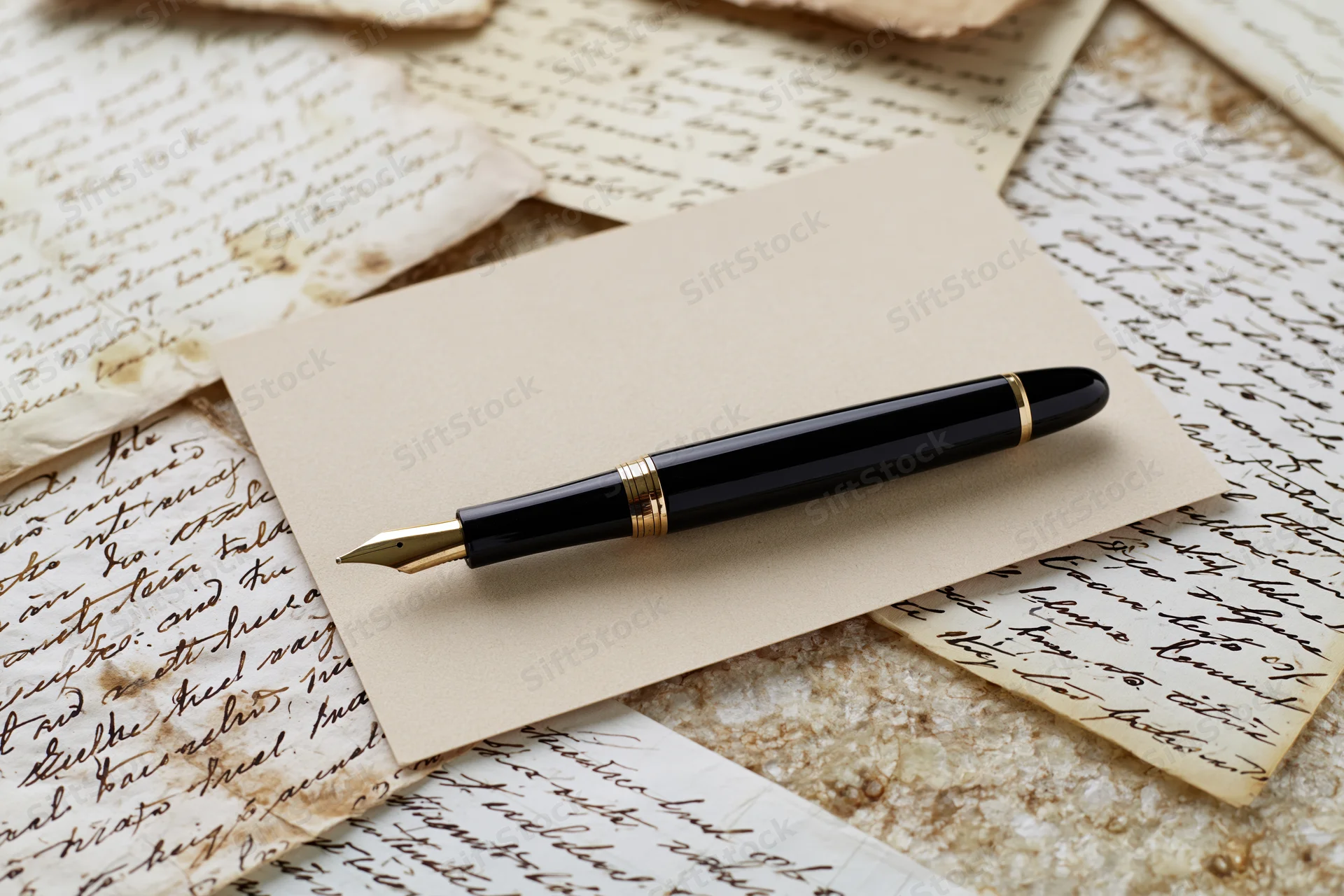 Black and gold fountain pen resting diagonally on a blank envelope atop aged handwritten letters