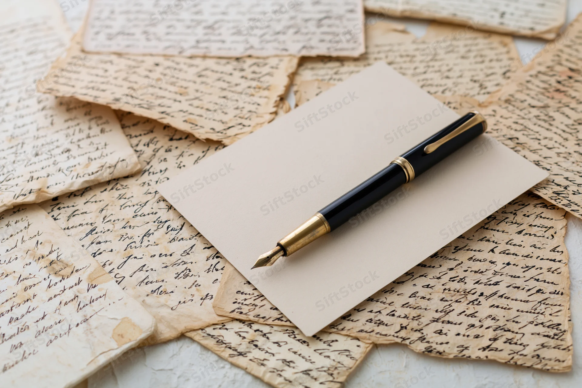 Black and gold fountain pen resting diagonally on blank cream paper atop scattered vintage handwritten letters