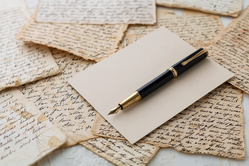 Black and gold fountain pen resting diagonally on blank cream paper atop scattered vintage handwritten letters