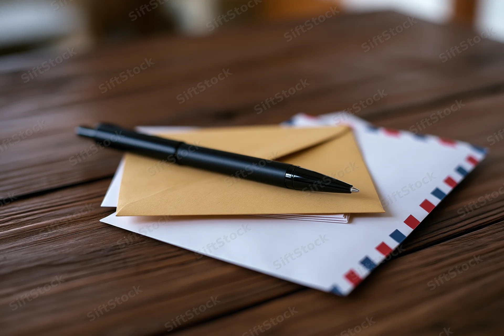 Black ballpoint pen resting on a stack of envelopes on a wooden desk