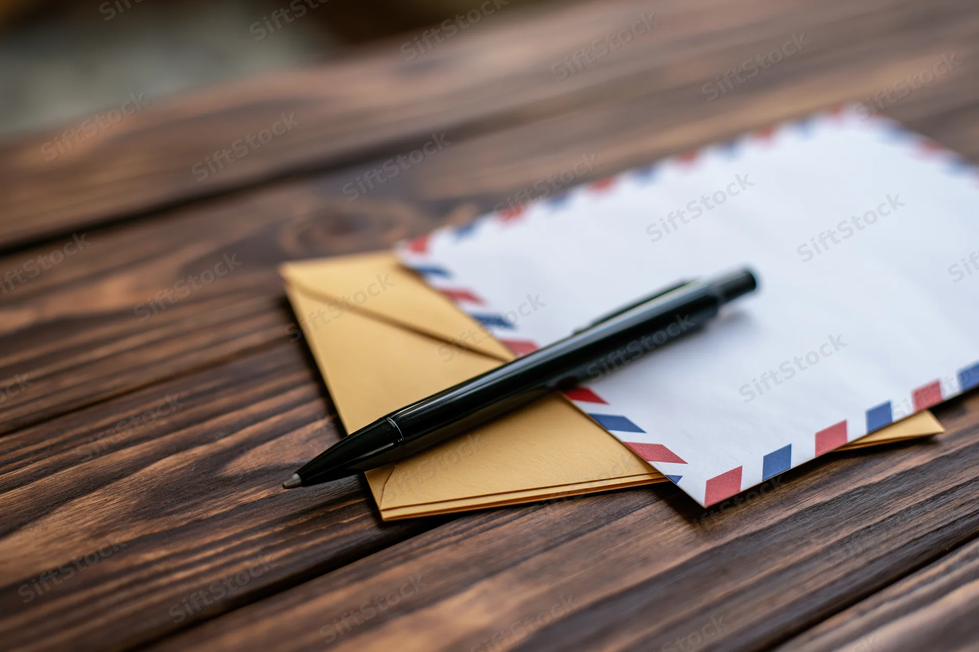Black ballpoint pen resting on a stack of envelopes on a wooden table