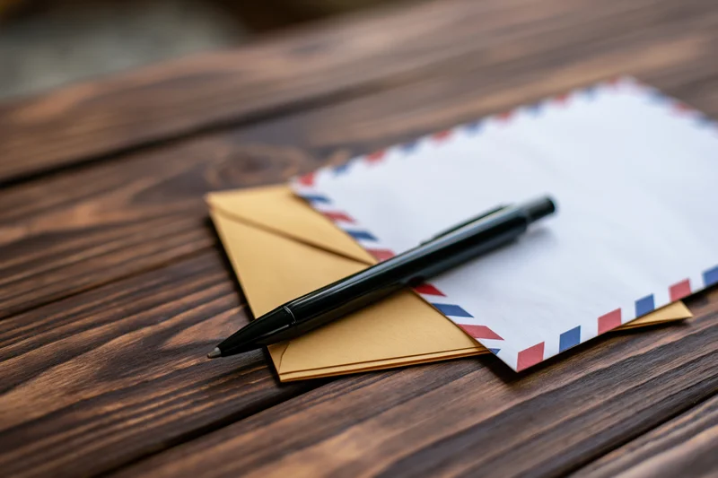 Black ballpoint pen resting on a stack of envelopes on a wooden table