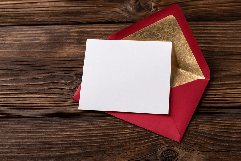 Blank white card resting on open red envelope with gold lining on dark wooden surface