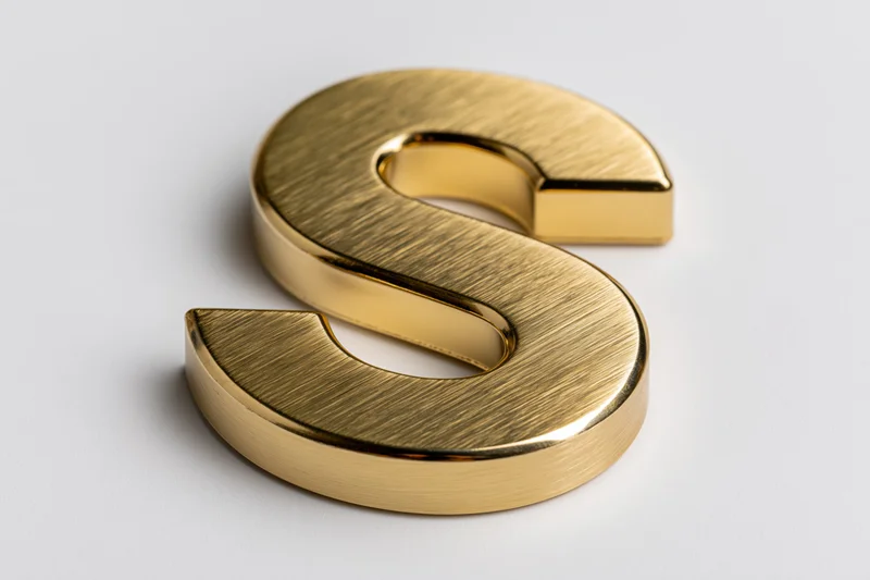 Golden three-dimensional letter s on a white background