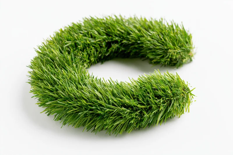 A bold letter c shape made of dense green grass blades on a white background