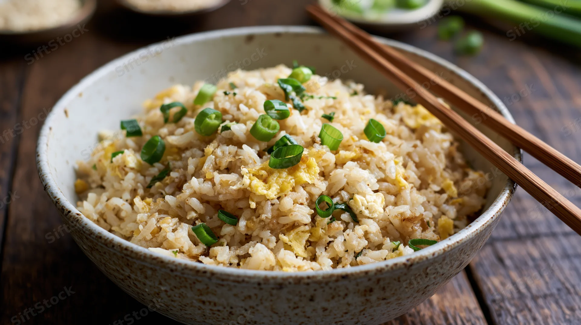Bowl of egg fried rice topped with sliced green onions and chopsticks on wooden table