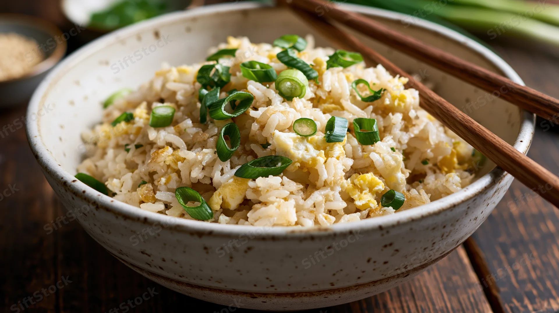 Bowl of egg fried rice topped with sliced green onions and chopsticks on wooden table