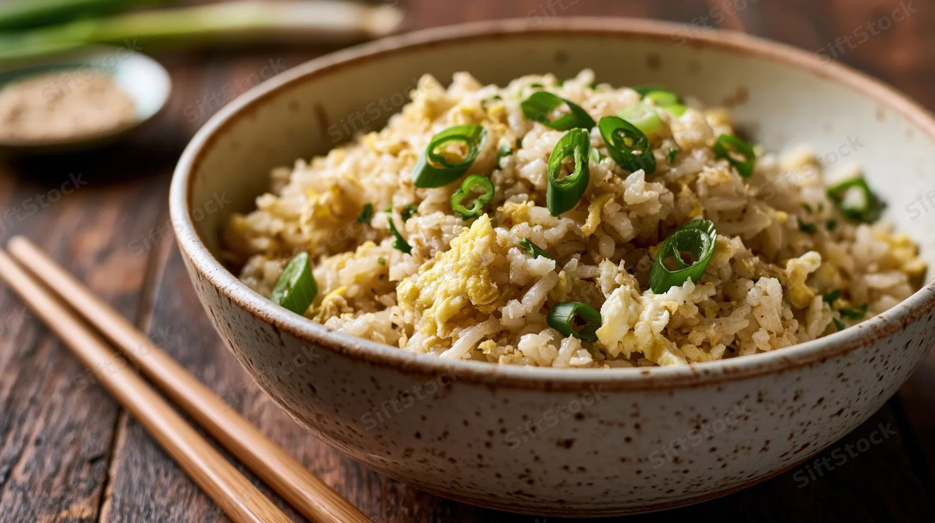 Bowl of egg fried rice topped with sliced green onions on wooden table with chopsticks beside