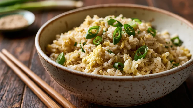 Bowl of egg fried rice topped with sliced green onions on wooden table with chopsticks beside