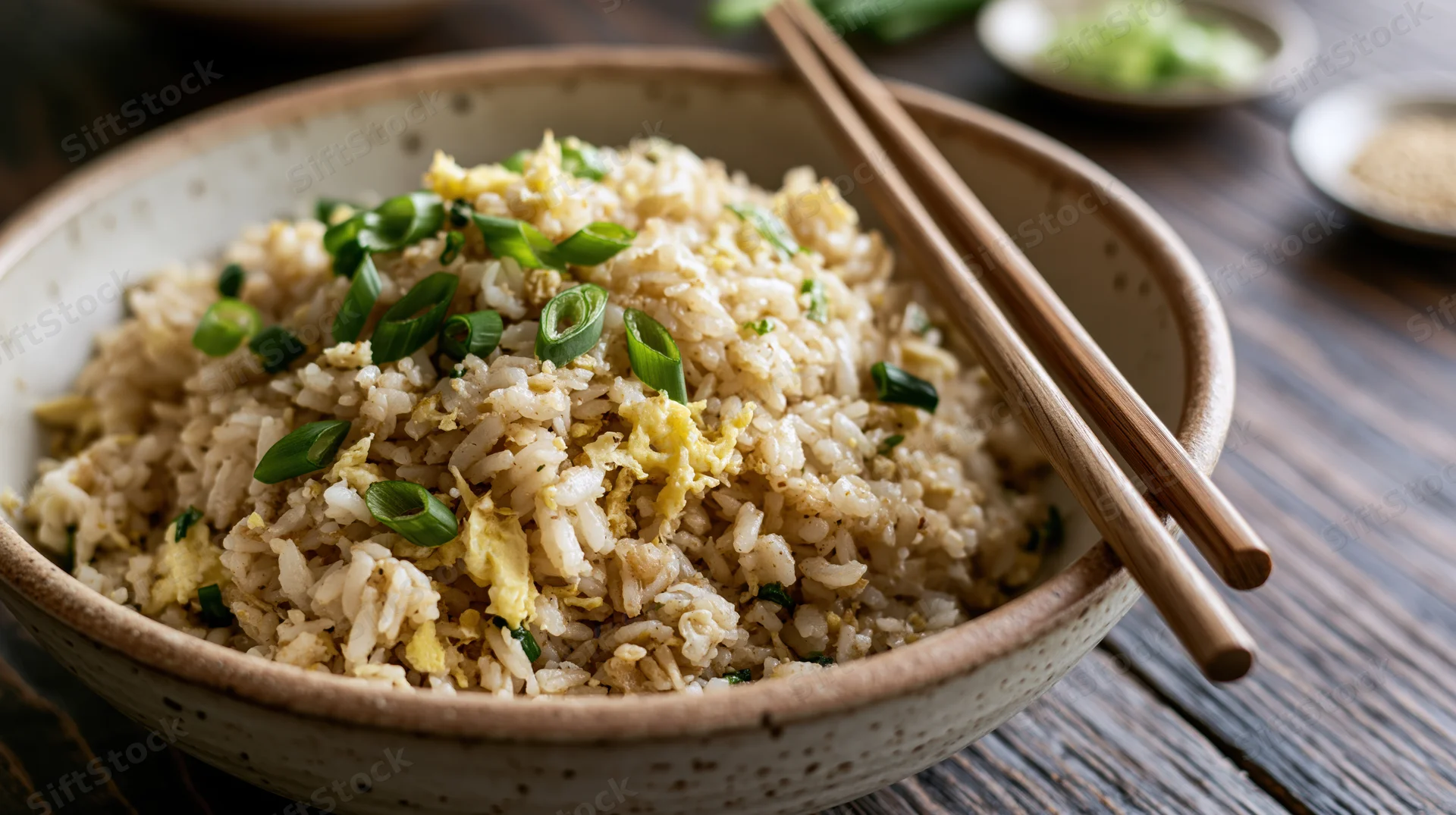 Bowl of egg fried rice topped with sliced green onions and chopsticks on wooden table