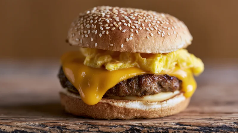 Breakfast sandwich with sausage patty, melted american cheese and scrambled egg on sesame seed bun, placed on wooden surface