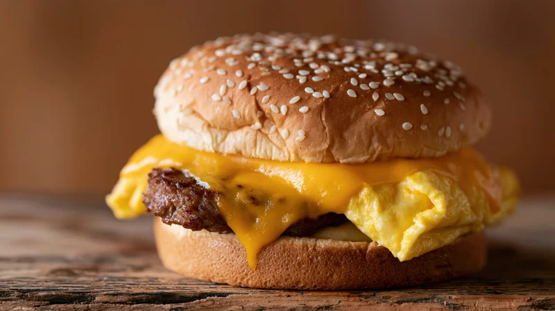 Breakfast sandwich with sausage patty, melted cheese and egg on sesame bun on wooden surface