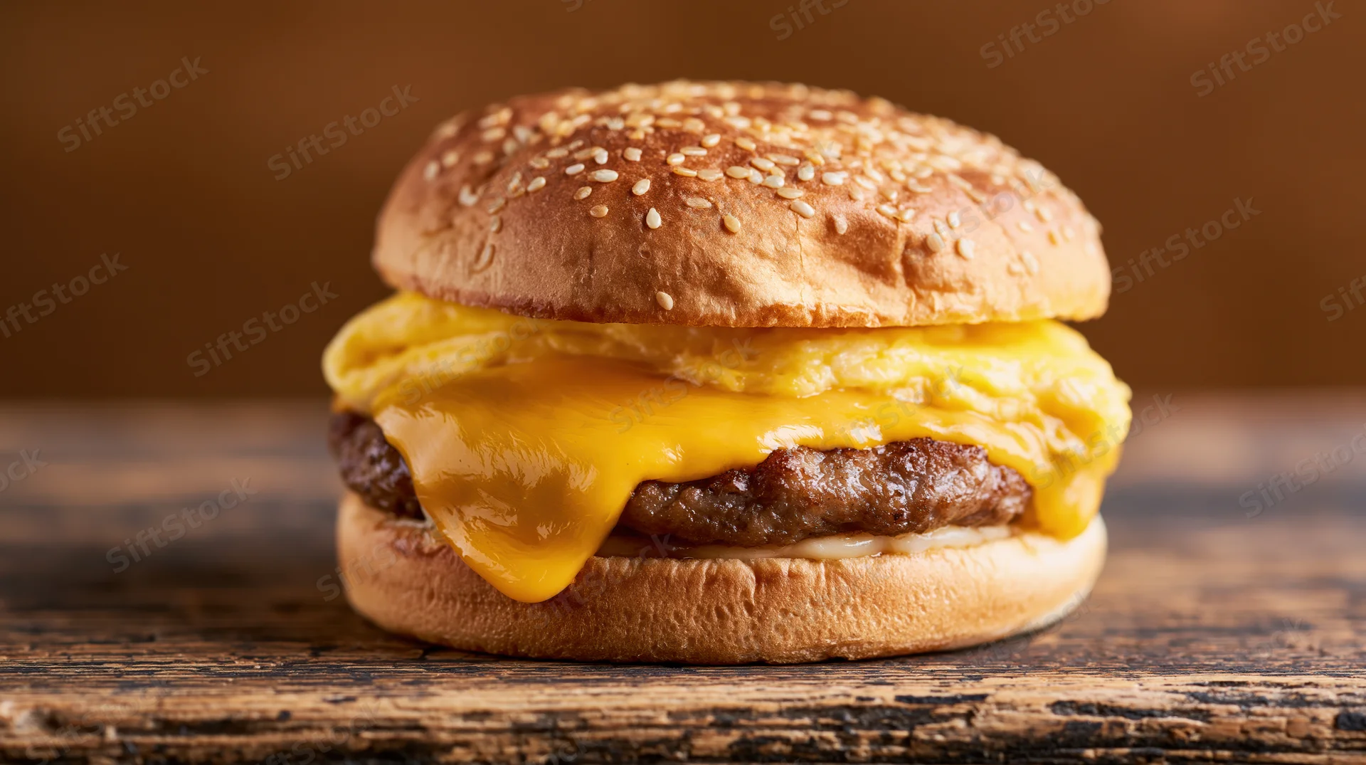 Breakfast sandwich with sausage patty and melted american cheese on sesame bun on wooden surface