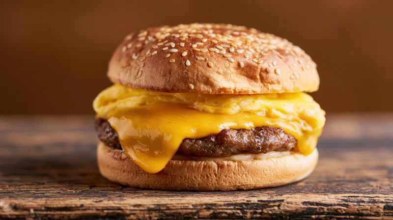 Breakfast sandwich with sausage patty and melted american cheese on sesame bun on wooden surface