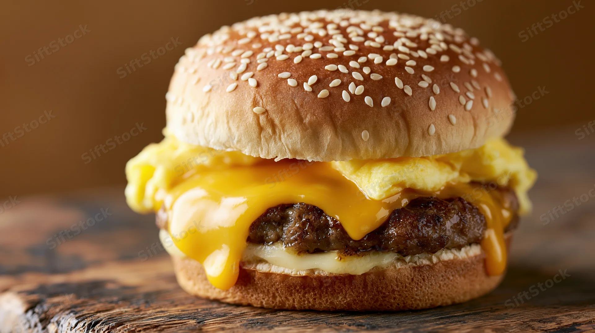 Breakfast sandwich with sausage patty, melted american cheese and egg on sesame bun, on wooden board