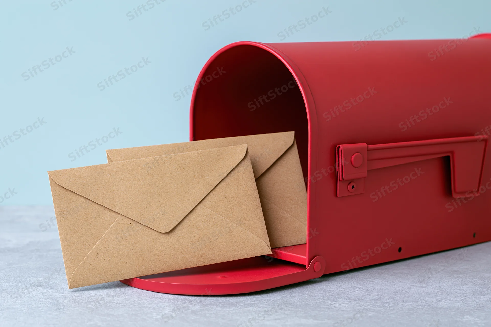 Red mailbox with open door holding kraft paper envelopes on light surface