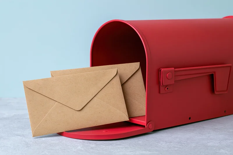 Red mailbox with open door holding kraft paper envelopes on light surface