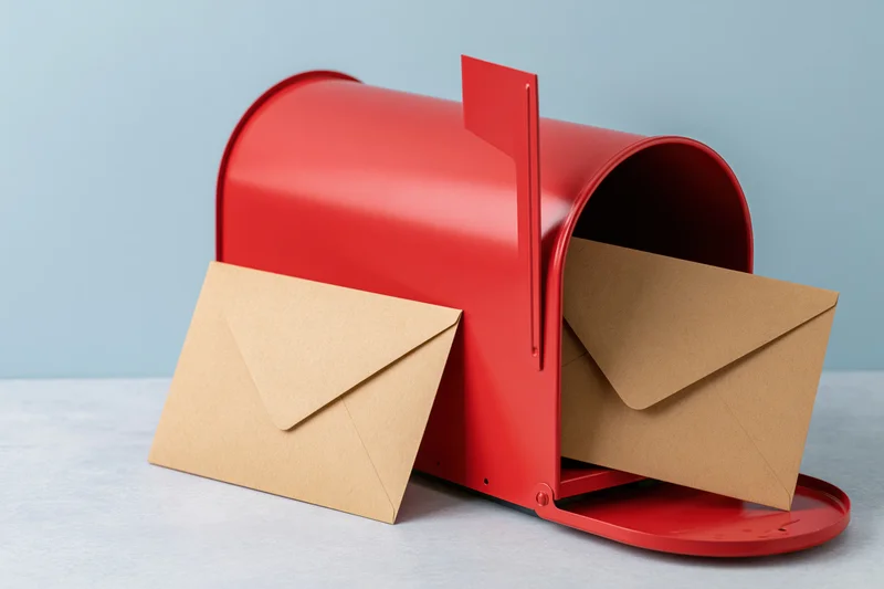 Red metal mailbox with open door and kraft envelopes on light surface