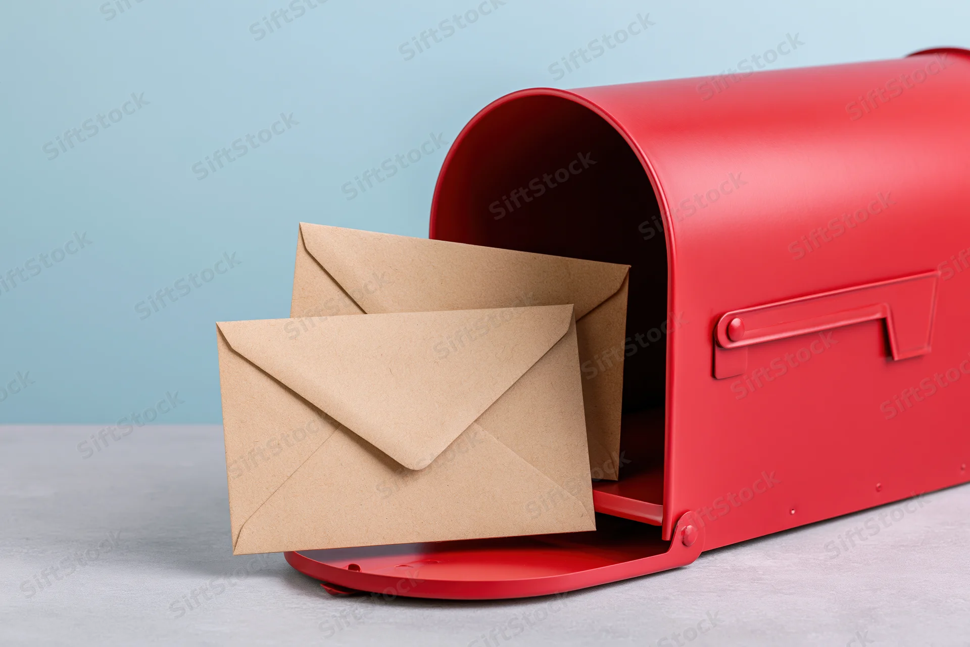 Red mailbox with open door holding kraft paper envelopes on light surface