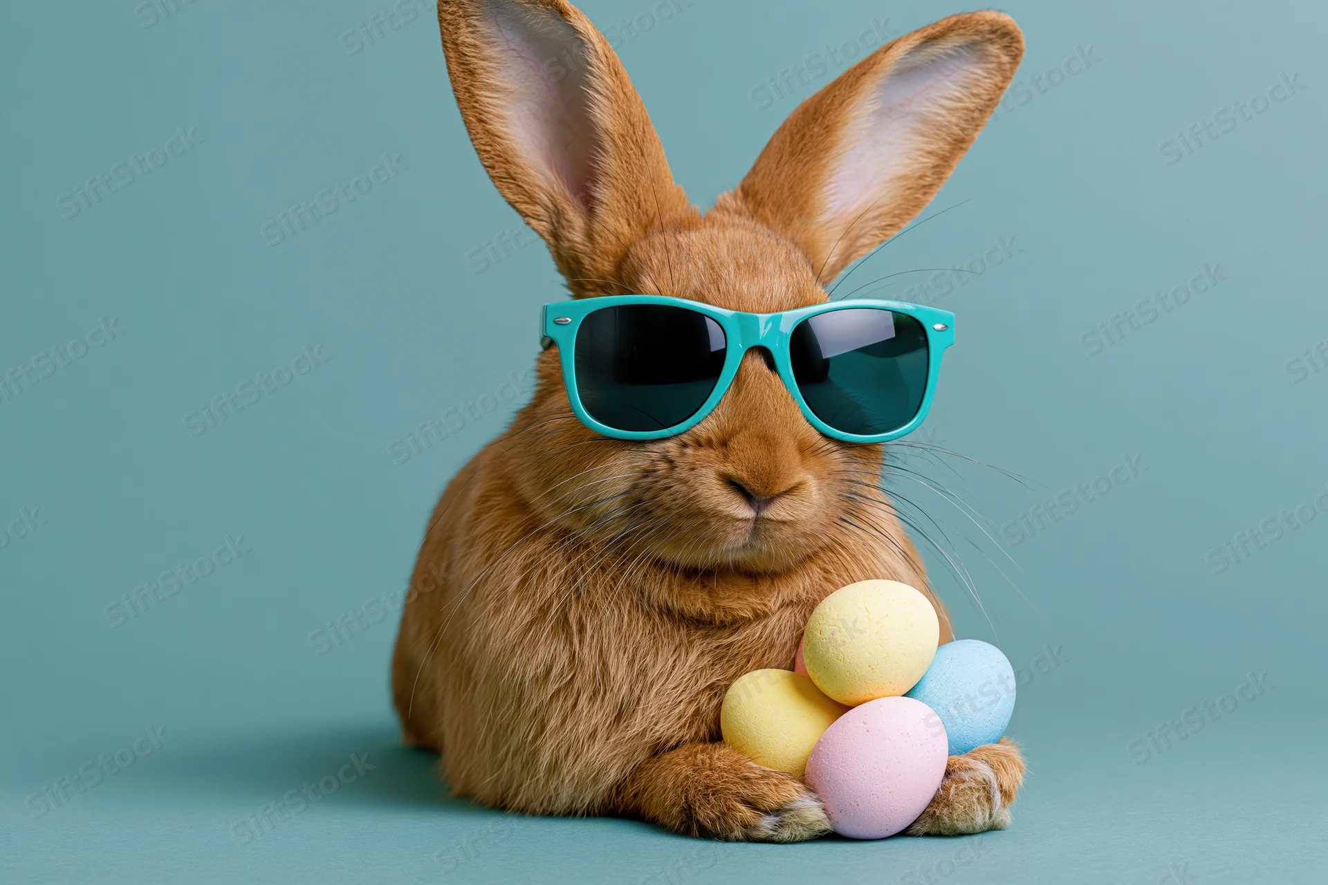 Brown rabbit wearing teal sunglasses holding pastel eggs on teal background