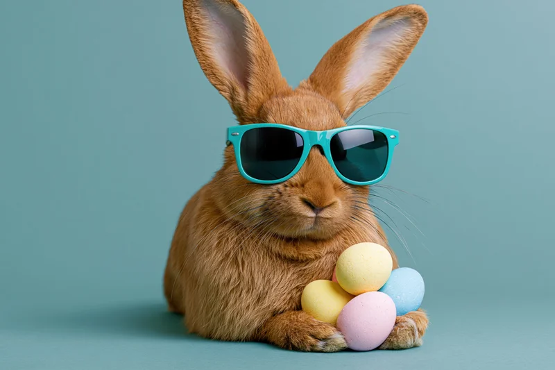Brown rabbit wearing teal sunglasses holding pastel eggs on teal background