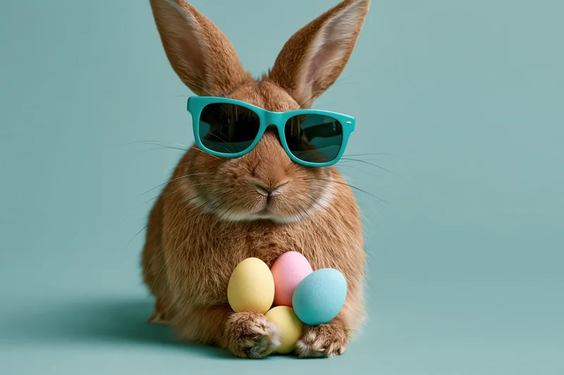 Brown rabbit wearing teal sunglasses holding pastel eggs against a light blue background