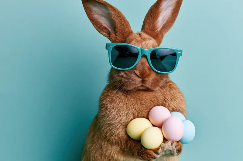 Brown rabbit wearing teal sunglasses holding pastel eggs against teal background