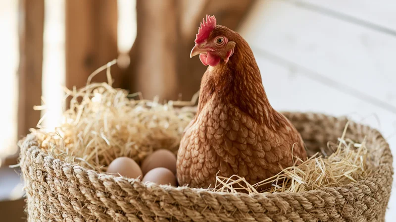 Brown hen sitting in woven basket with eggs among straw in farm setting